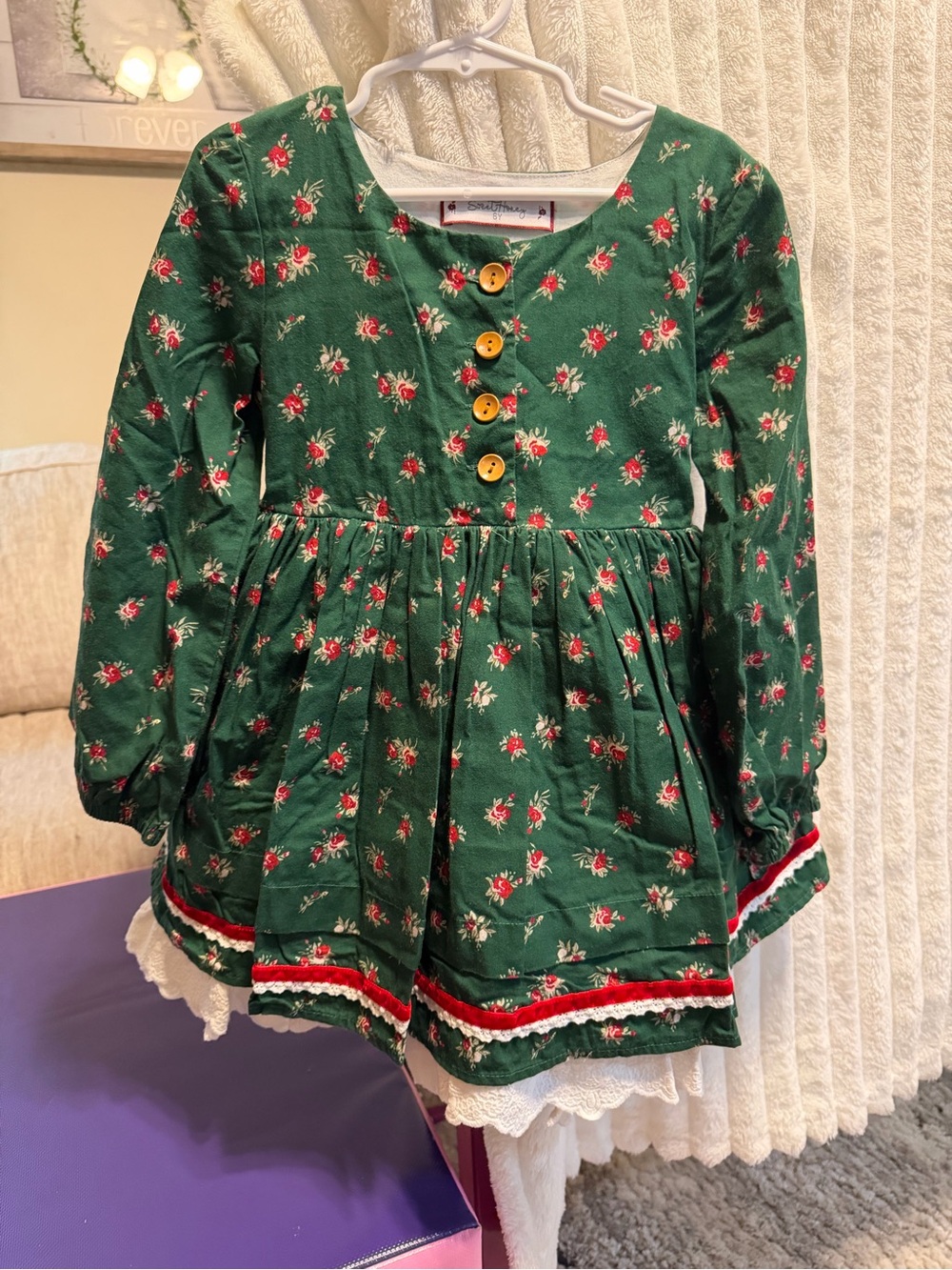 SweetHoney Green Floral Dress with Red Accents and Wooden Buttons